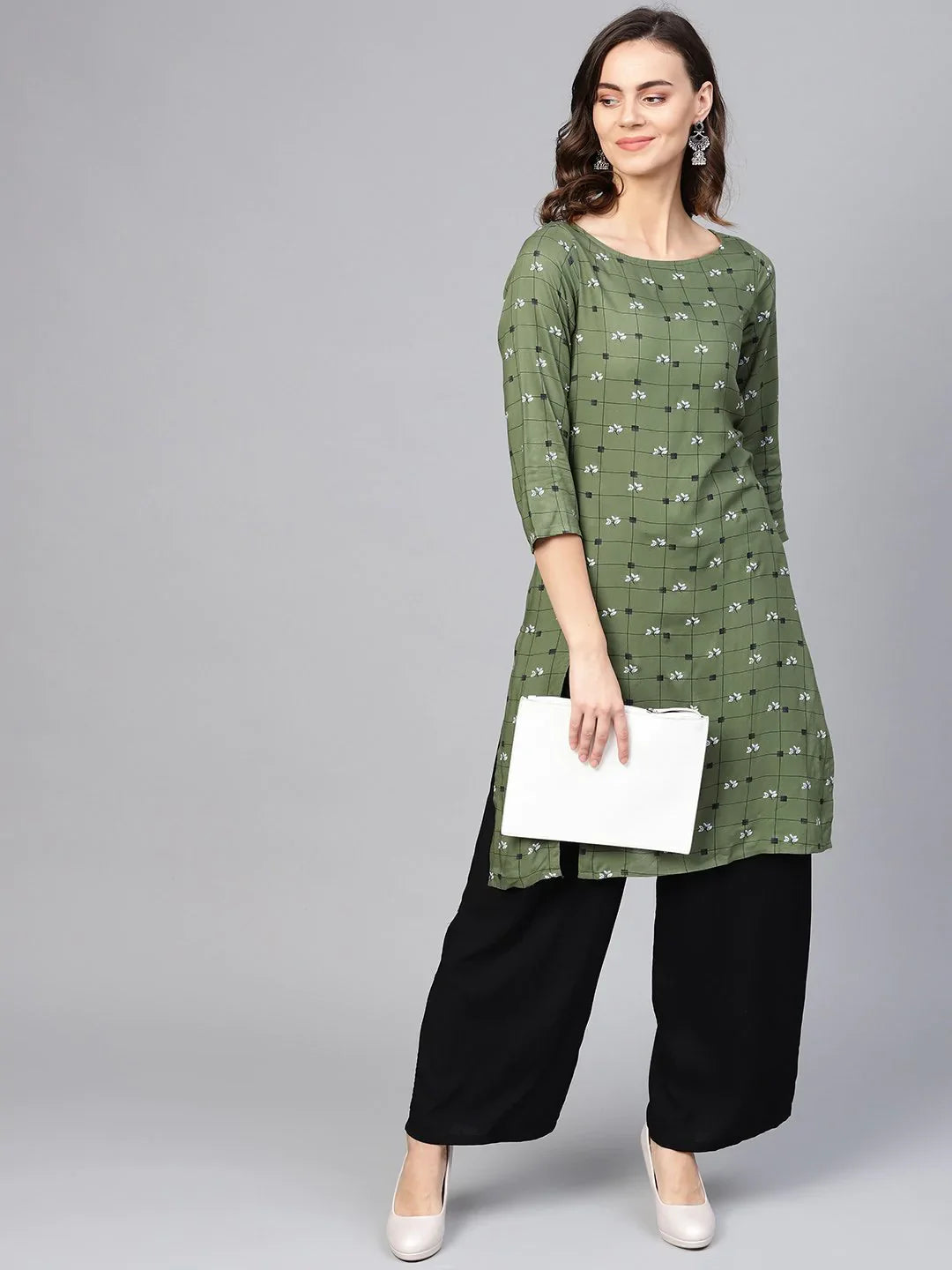 Olive Green Checked Kurta - Indian Kurta for Women | Ethnic Top