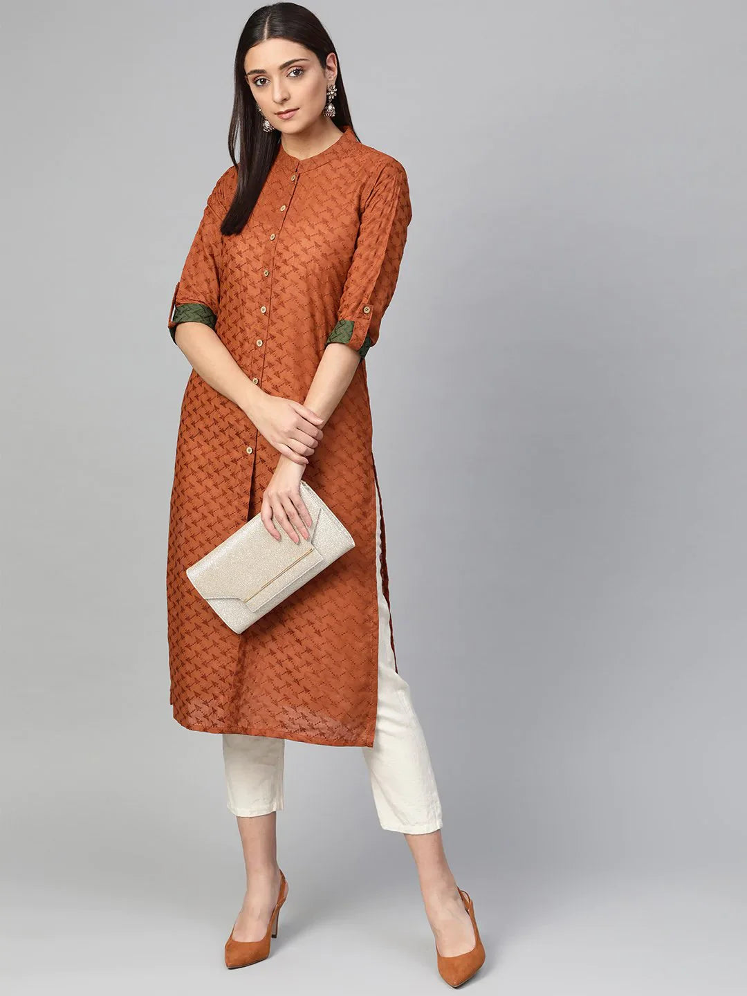 Rust Brown Embroidered Kurta - Indian Kurtis for Women