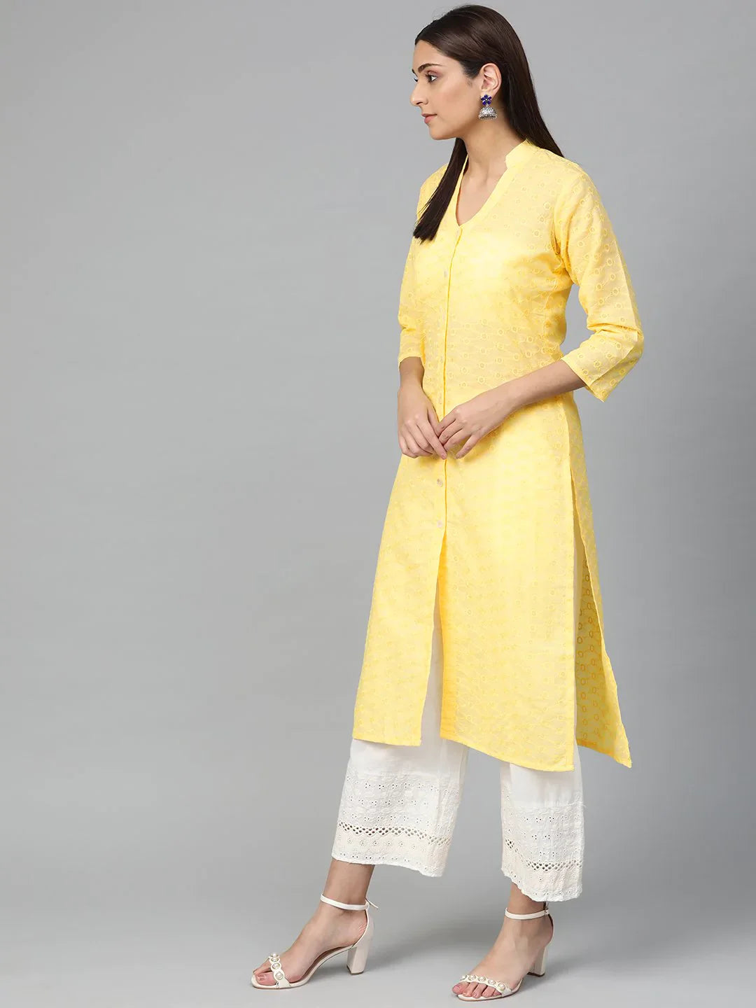 Yellow Chikankari Kurti - Women's Embroidered Indian Kurtas On...
