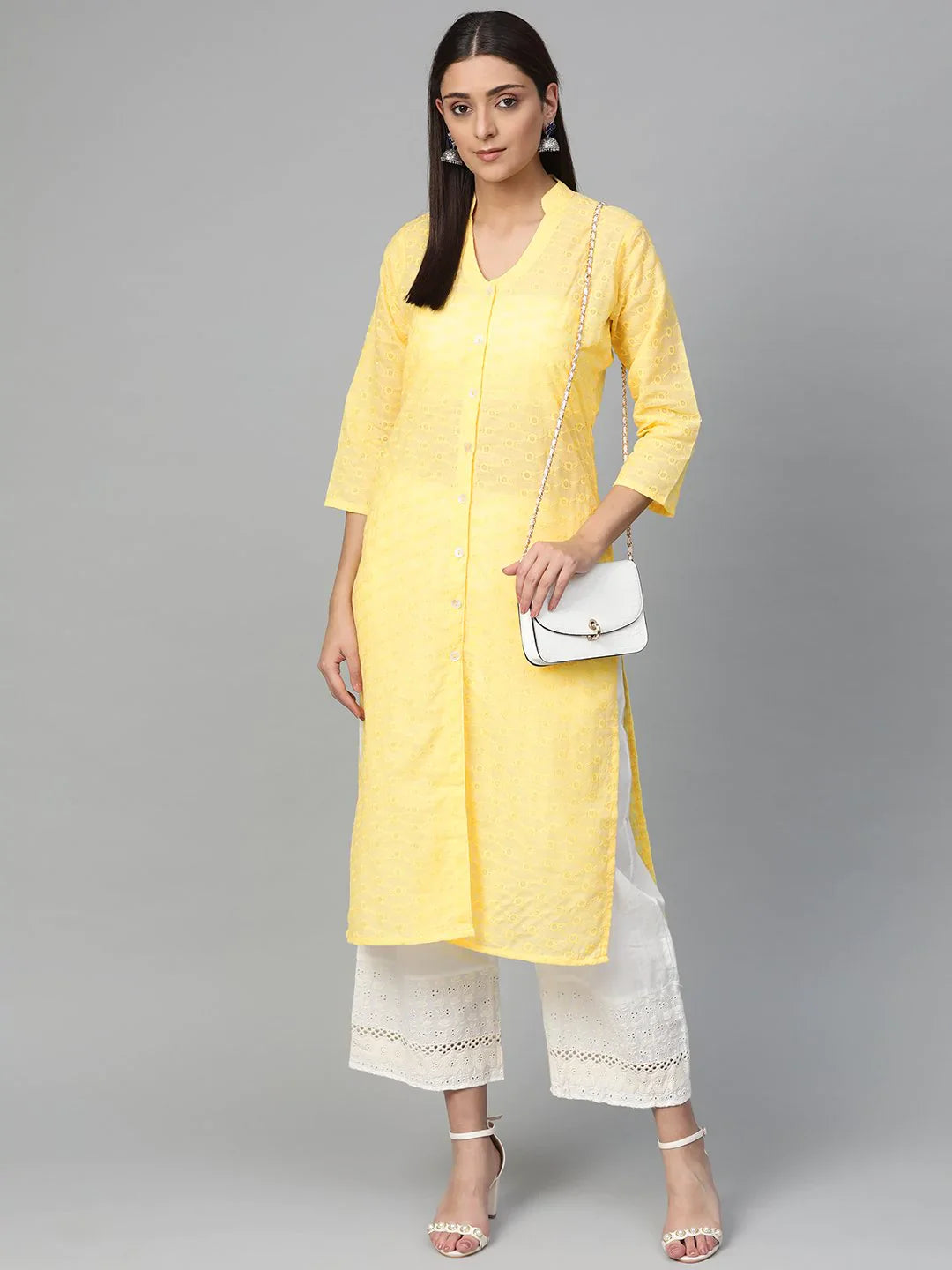 Yellow Chikankari Kurti - Women's Embroidered Indian Kurtas On...