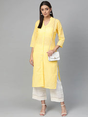 Women Yellow Chikankari Embroidered Semi-Sheer Straight Kurta ( JOK 1286 Yellow )-JOK-1286