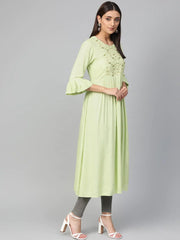 Women Green & Golden Yoke Design A-Line Kurta ( JOK 1288 Green )-JOK-1288