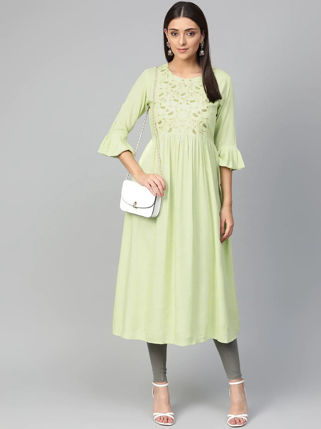 Green & Golden Kurta - Women's A-Line Indian Kurtis Online