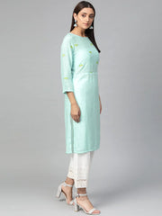 Women Blue Yoke Design Straight Kurta ( JOK 1293 Aqua )-JOK-1293