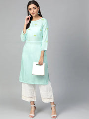 Women Blue Yoke Design Straight Kurta ( JOK 1293 Aqua )-JOK-1293