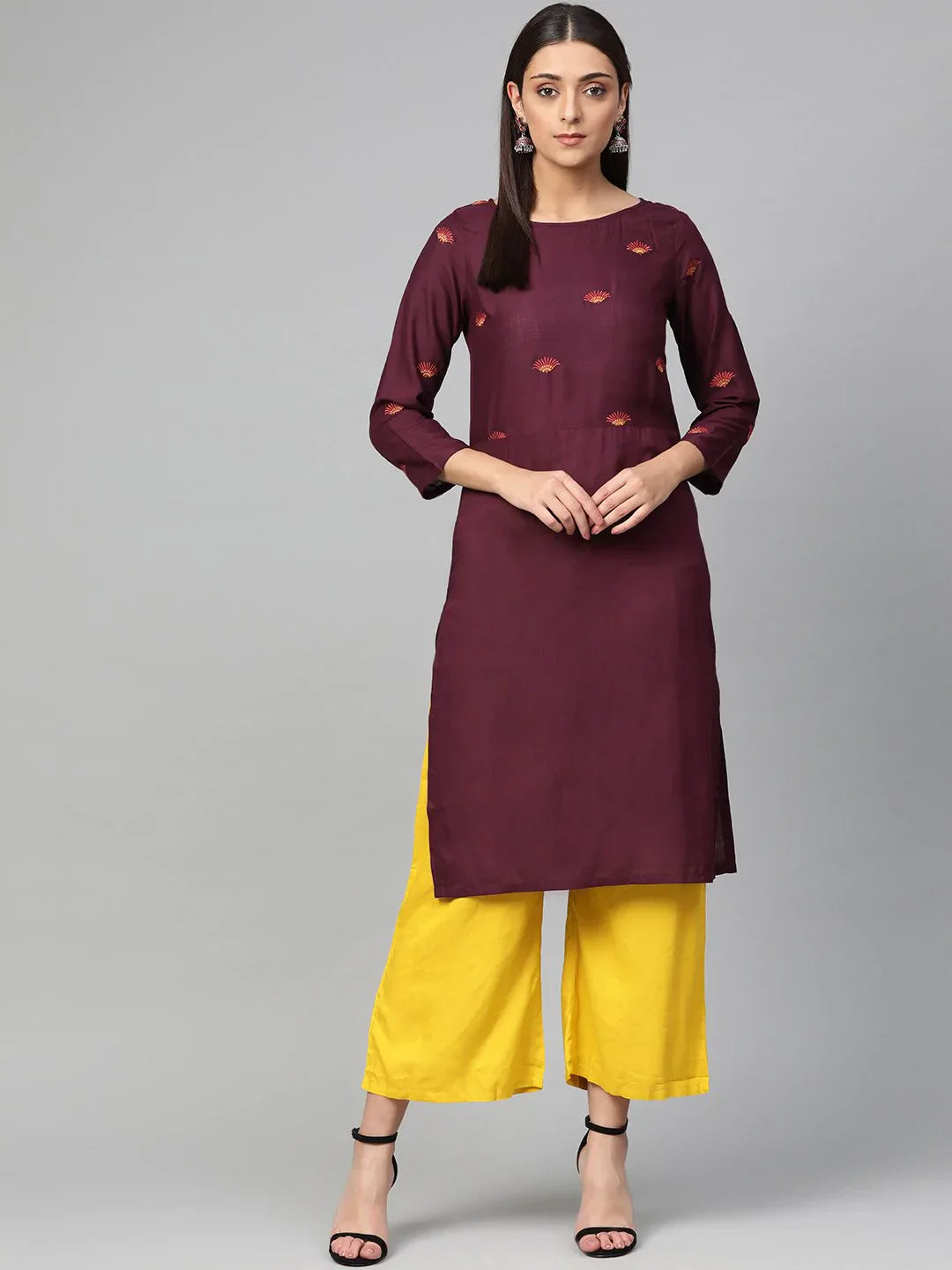 Women Purple Yoke Design Straight Kurta ( JOK 1293 Wine )-JOK-1293