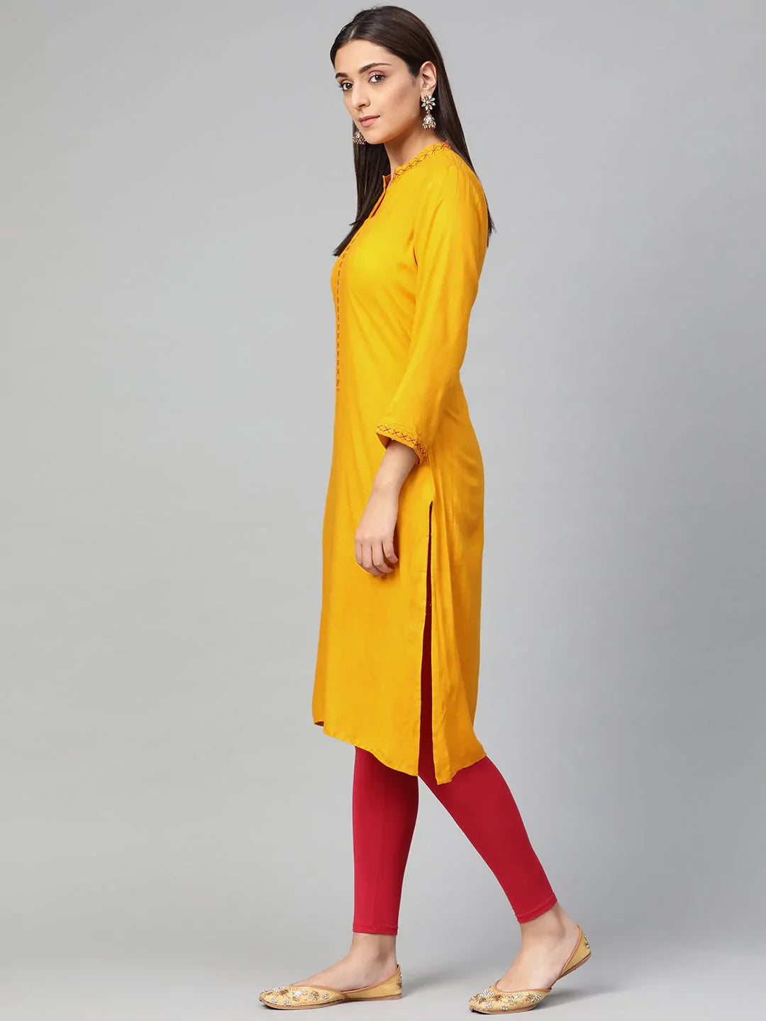 Mustard Embroidered Indian Kurta for Women | Rayon Kurtas
