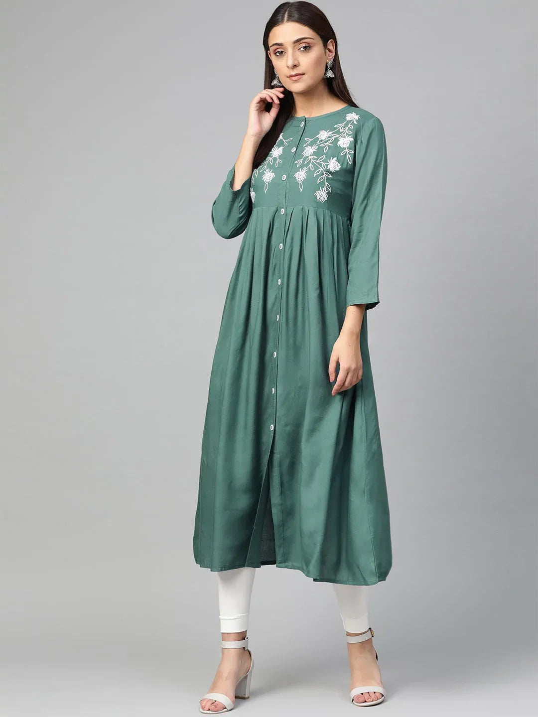 Green & White Yoke Design Indian Kurta for Women | Rayon