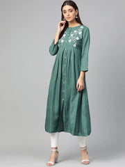 Women Green & White Yoke Design A-Line Kurta ( JOK 1299 Teal )-JOK-1299