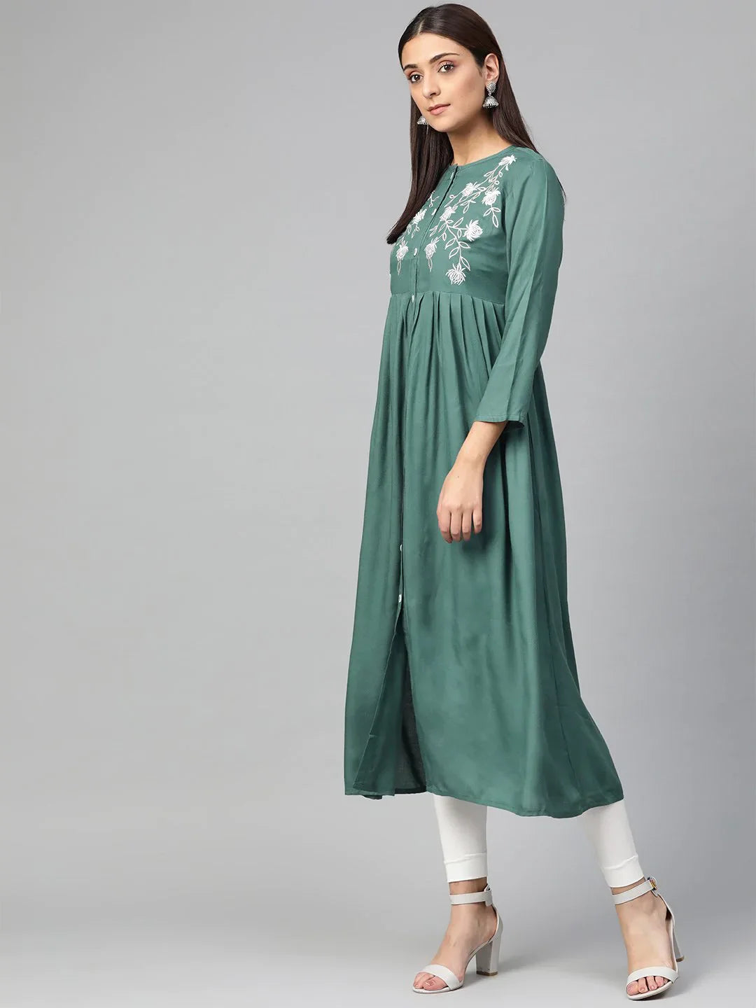 Green & White Yoke Design Indian Kurta for Women | Rayon