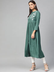 Women Green & White Yoke Design A-Line Kurta ( JOK 1299 Teal )-JOK-1299