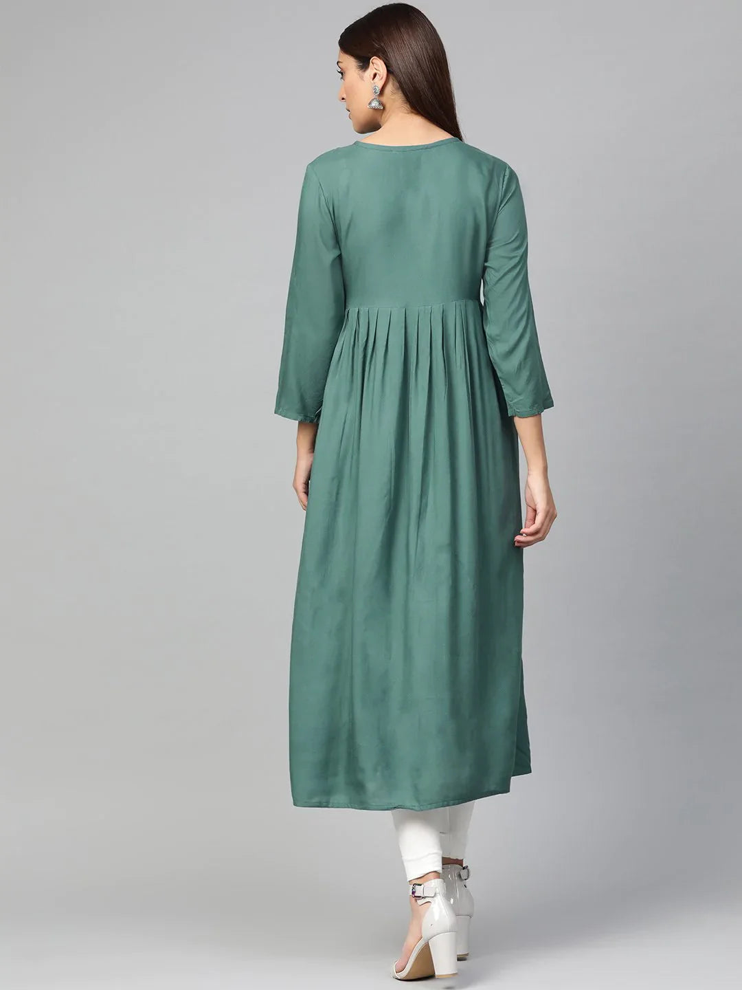 Green & White Yoke Design Indian Kurta for Women | Rayon