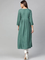 Women Green & White Yoke Design A-Line Kurta ( JOK 1299 Teal )-JOK-1299