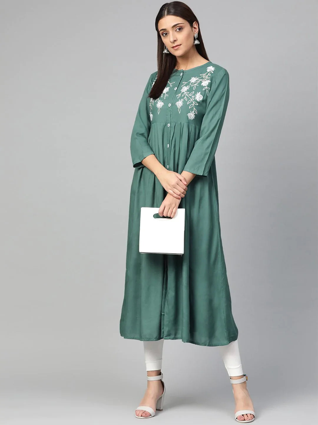 Green & White Yoke Design Indian Kurta for Women | Rayon