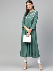 Women Green & White Yoke Design A-Line Kurta ( JOK 1299 Teal )-JOK-1299