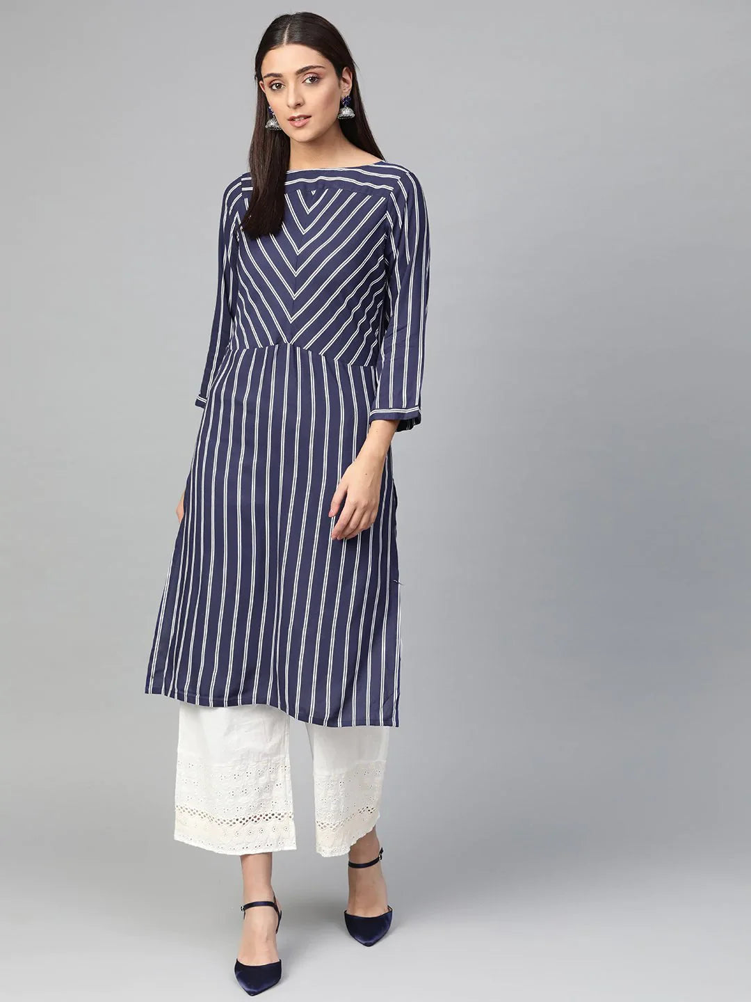 Women Navy Blue & White Striped Straight Kurta ( JOK 1303 Blue )-JOK-1303