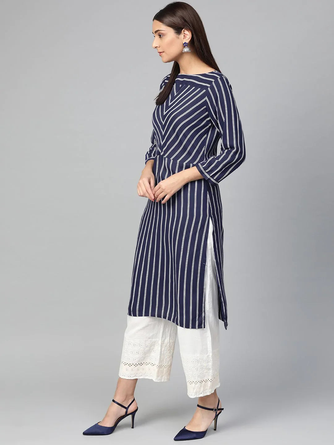 Navy Blue Striped Indian Kurta for Women | Stylish Kurtas