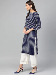 Women Navy Blue & White Striped Straight Kurta ( JOK 1303 Blue )-JOK-1303