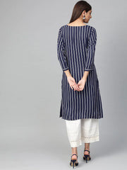 Women Navy Blue & White Striped Straight Kurta ( JOK 1303 Blue )-JOK-1303
