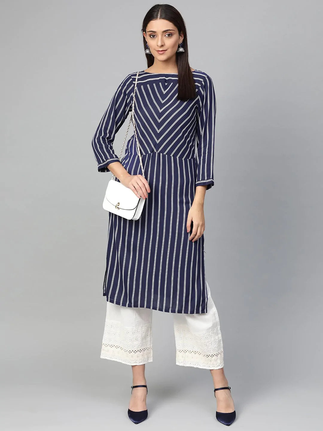 Navy Blue Striped Indian Kurta for Women | Stylish Kurtas