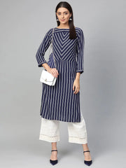 Women Navy Blue & White Striped Straight Kurta ( JOK 1303 Blue )-JOK-1303