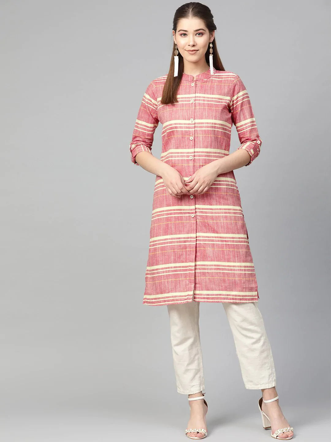 Women Red & Yellow Self-Striped Straight Kurta ( JOK 1304 Red )-JOK-1304