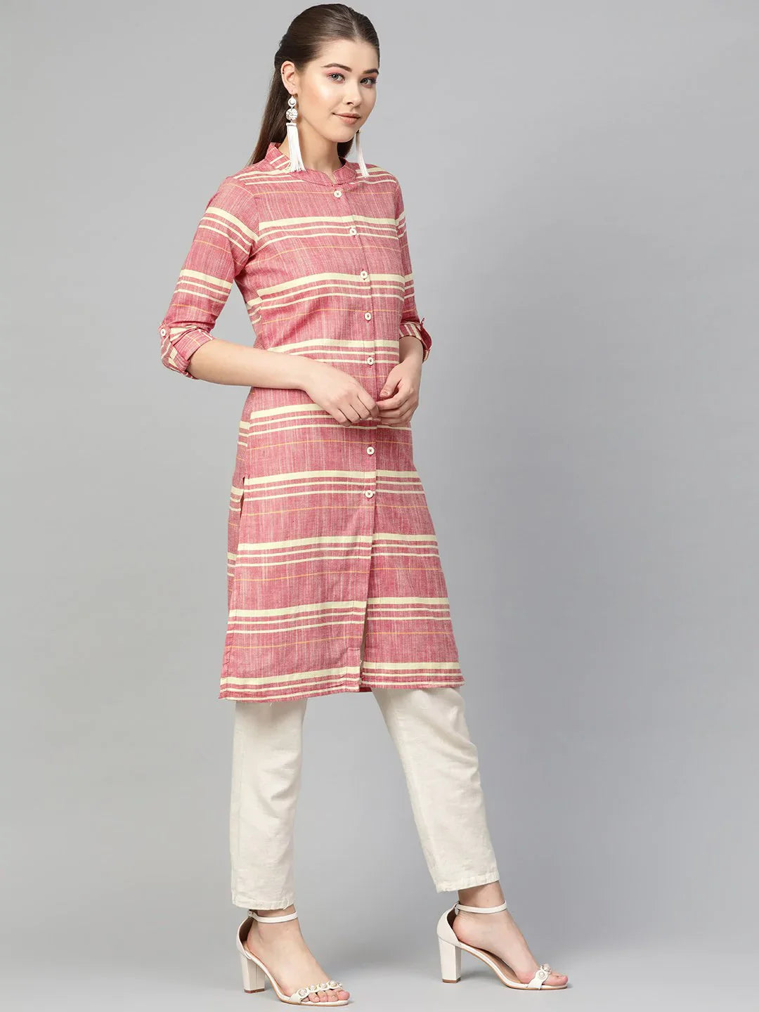 Red & Yellow Striped Cotton Indian Kurta | Women's Kurtas