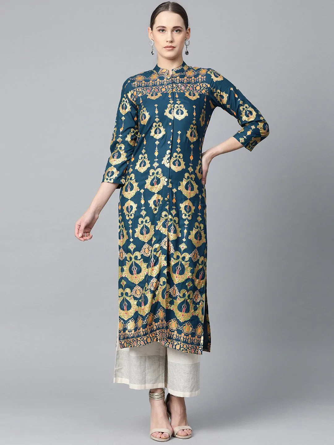 Printed Indian Kurtis - Teal Blue & Green Kurta for Women Online