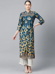 Women Teal Blue & Fluorescent Green Printed Straight Kurta ( JOK 1313 Blue )-JOK-1313