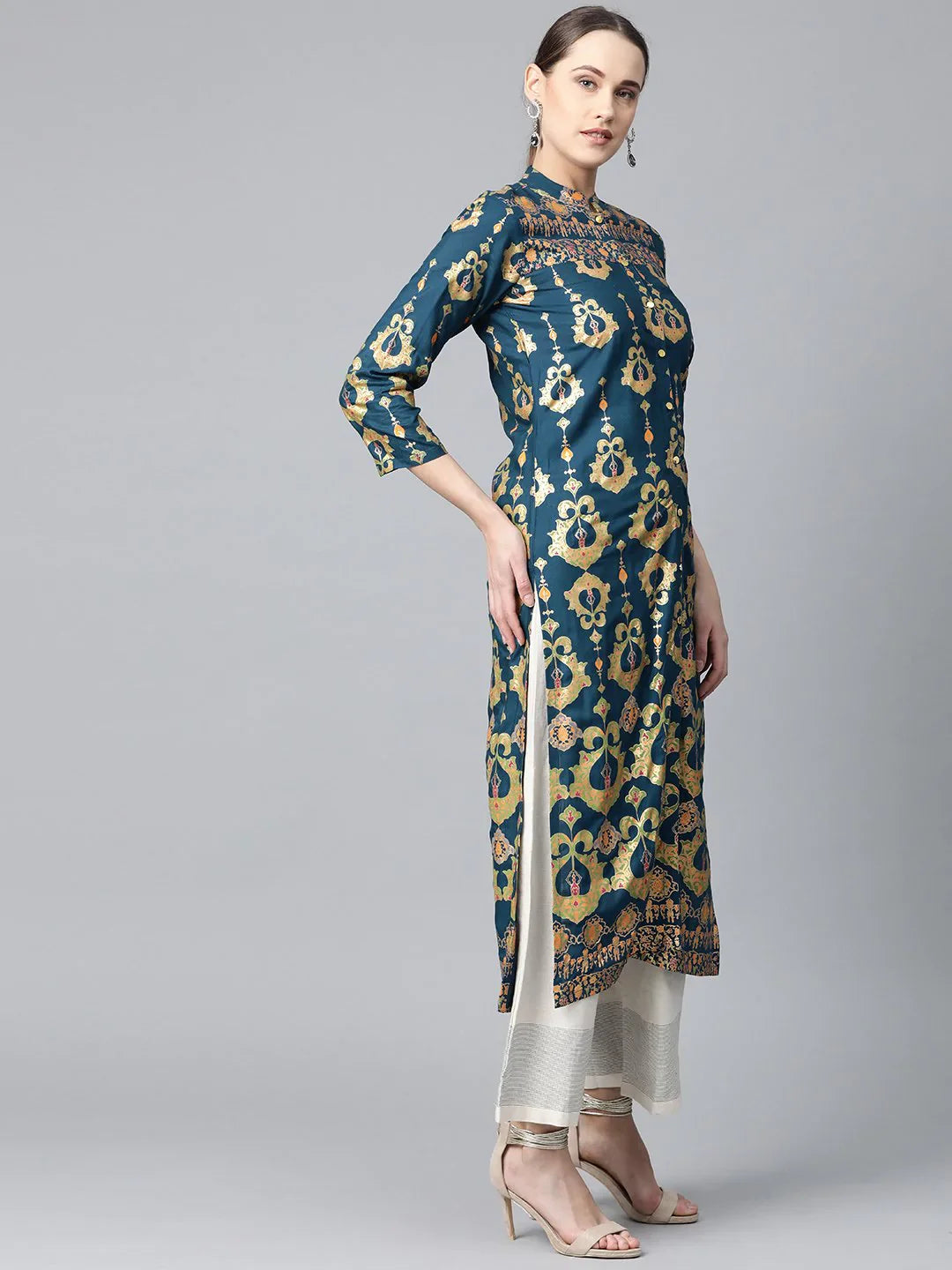 Printed Indian Kurtis - Teal Blue & Green Kurta for Women Online