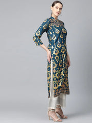 Women Teal Blue & Fluorescent Green Printed Straight Kurta ( JOK 1313 Blue )-JOK-1313