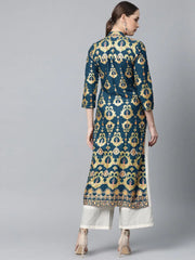 Women Teal Blue & Fluorescent Green Printed Straight Kurta ( JOK 1313 Blue )-JOK-1313