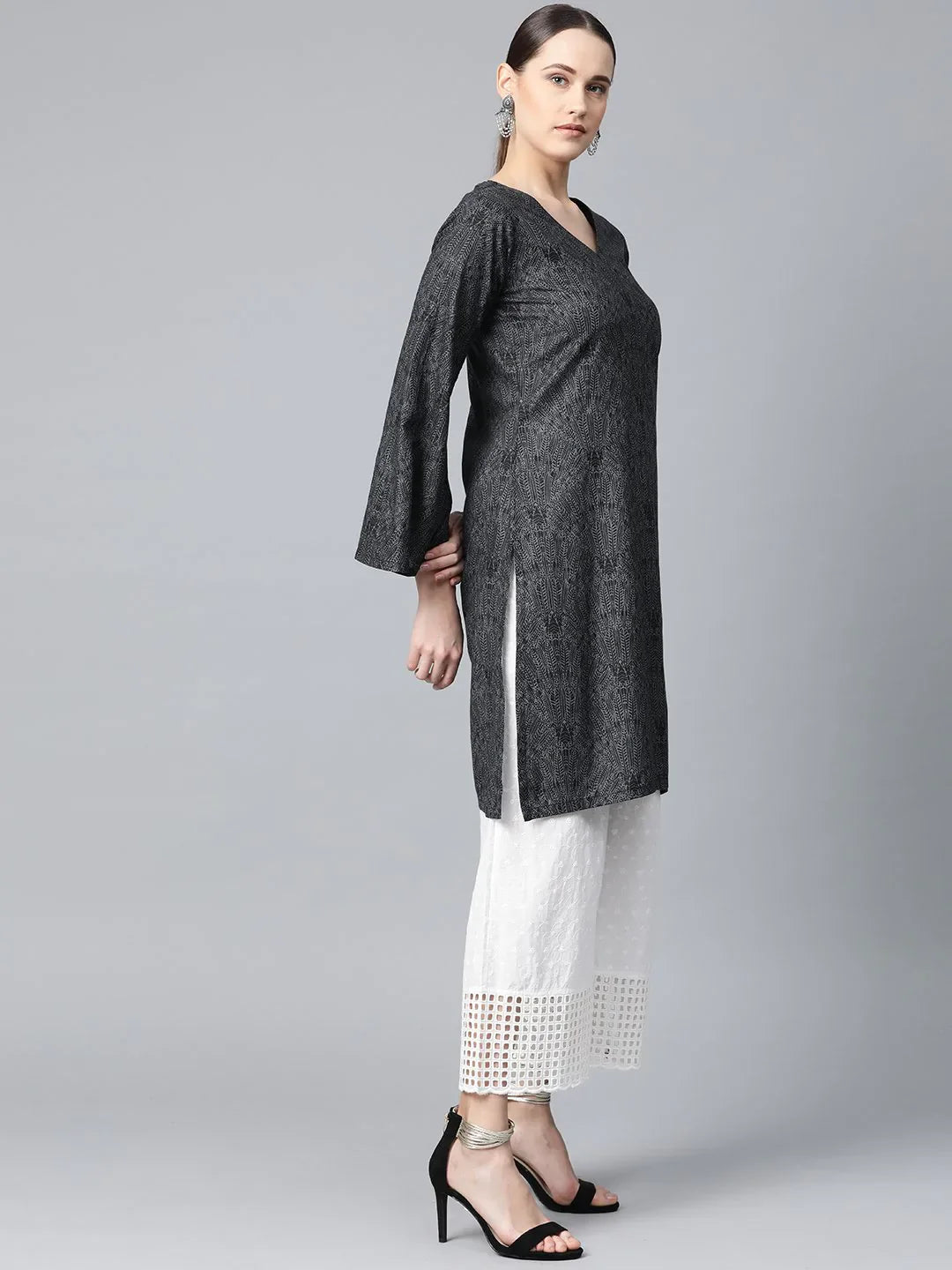 Charcoal Printed Indian Kurta - Stylish Women's Cotton Kurtas