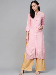 Women Pink & Gold-Toned Printed Straight Kurta