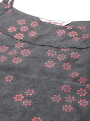 Women Charcoal Grey & Pink Printed Straight Kurta ( JOK 1363 Grey )-JOK-1363