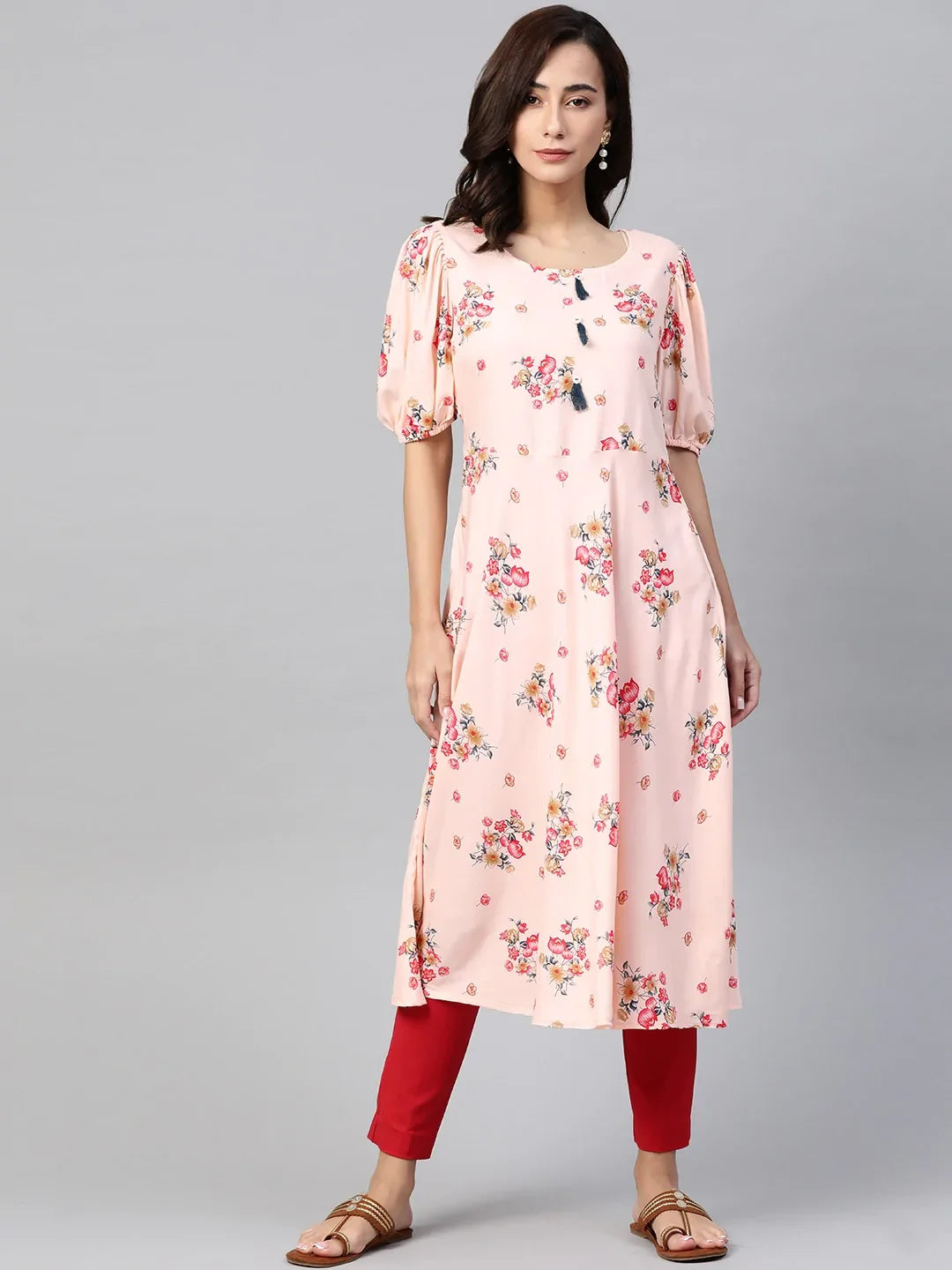 DesiQlo Women Pink & Red Floral Printed A-Line Kurta ( JOK 1378 Peach )
