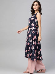 DesiQlo Women Navy Blue & Pink Floral Printed A-Line Kurta ( JOK 1380 Blue )
