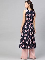 DesiQlo Women Navy Blue & Pink Floral Printed A-Line Kurta ( JOK 1380 Blue )