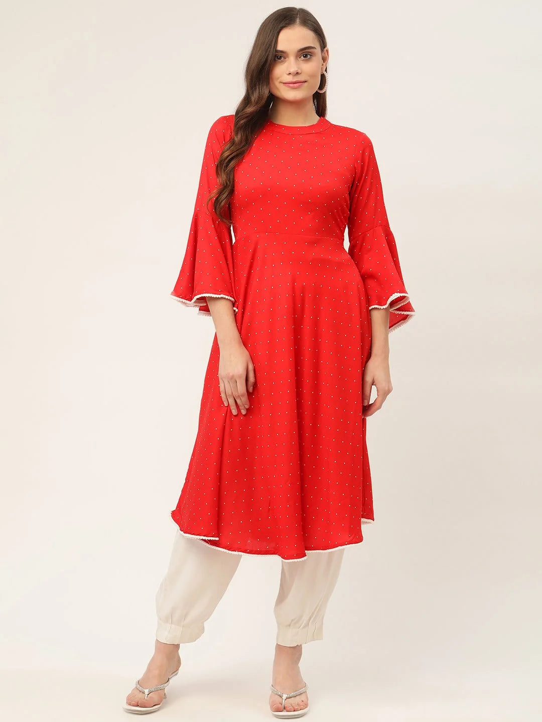 Red Polka Dot Indian Kurta | Flared Sleeve Indian Kurti for Women