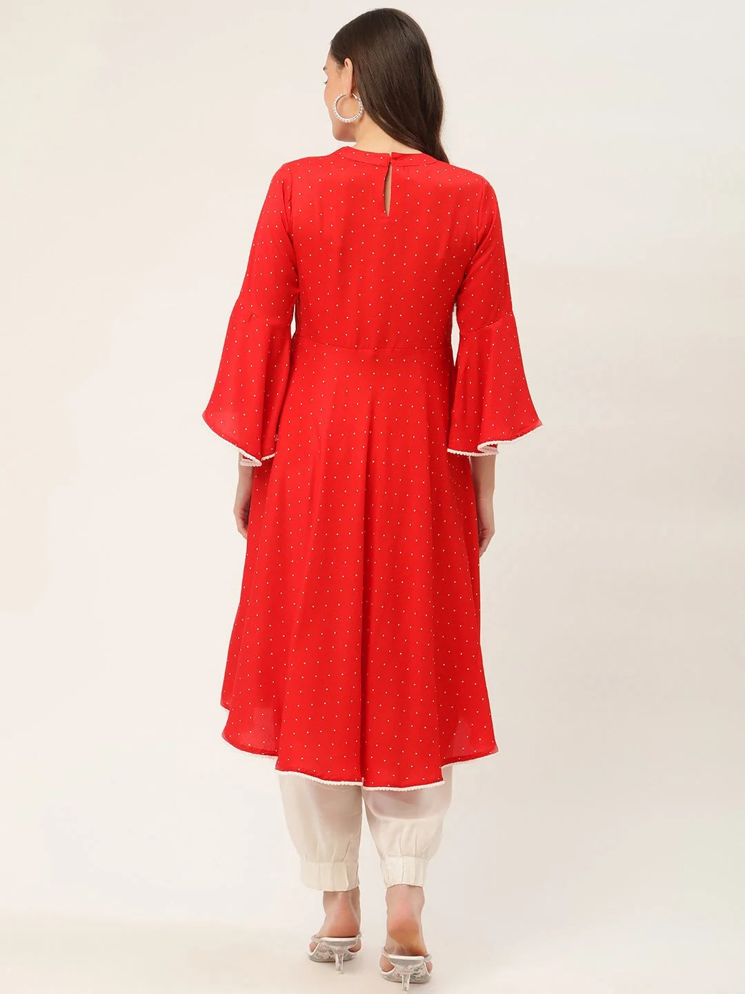 Red Polka Dot Indian Kurta | Flared Sleeve Indian Kurti for Women