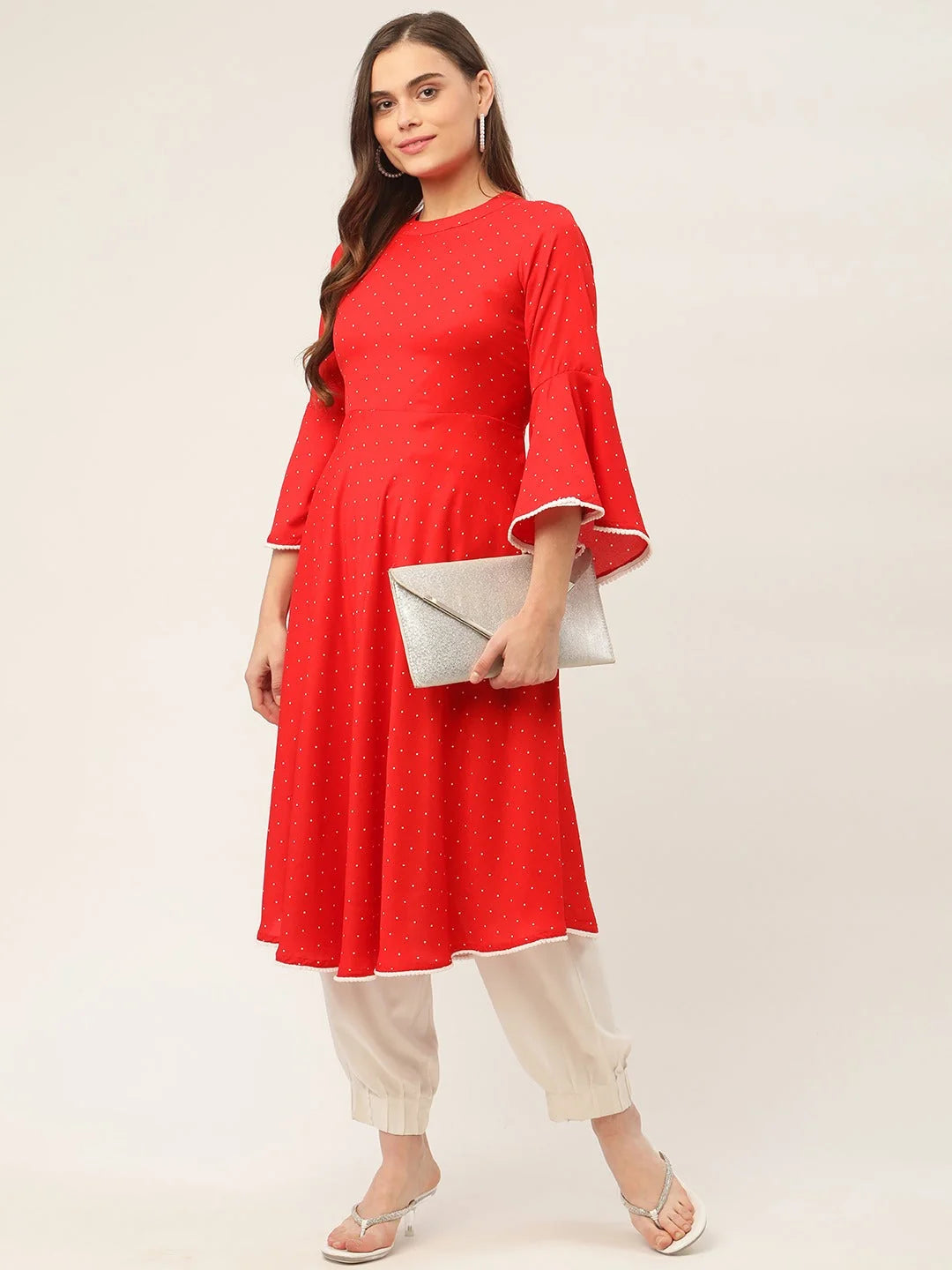 Red Polka Dot Indian Kurta | Flared Sleeve Indian Kurti for Women