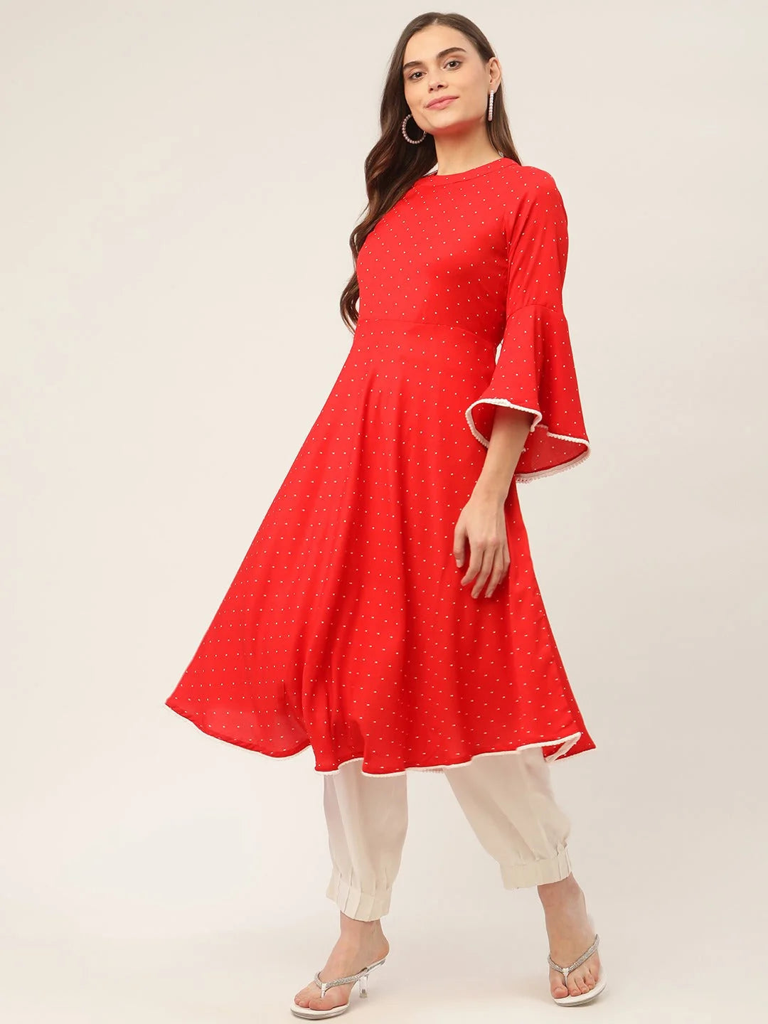 Red Polka Dot Indian Kurta | Flared Sleeve Indian Kurti for Women