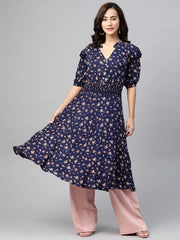 DesiQlo Women Navy Blue & Pink Floral Printed Floral Anarkali Kurta ( JOK 1386 Blue )