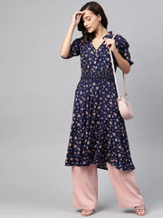 DesiQlo Women Navy Blue & Pink Floral Printed Floral Anarkali Kurta ( JOK 1386 Blue )