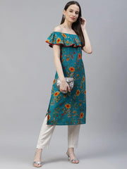 DesiQlo Women Rama-Green & Yellow Floral Printed Straight Kurta ( JOK 1387 Green )