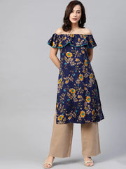 DesiQlo Women Navy Blue & Yellow Floral Printed Straight Kurta ( JOK 1387 Navy )