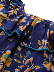 DesiQlo Women Navy Blue & Yellow Floral Printed Straight Kurta ( JOK 1387 Navy )