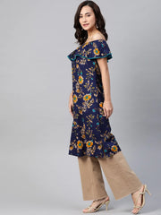 DesiQlo Women Navy Blue & Yellow Floral Printed Straight Kurta ( JOK 1387 Navy )