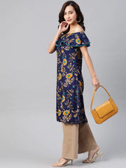 DesiQlo Women Navy Blue & Yellow Floral Printed Straight Kurta ( JOK 1387 Navy )