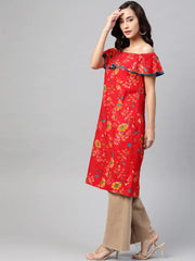 DesiQlo Women Red & Yellow Floral Printed Straight Kurta ( JOK 1387 Red )